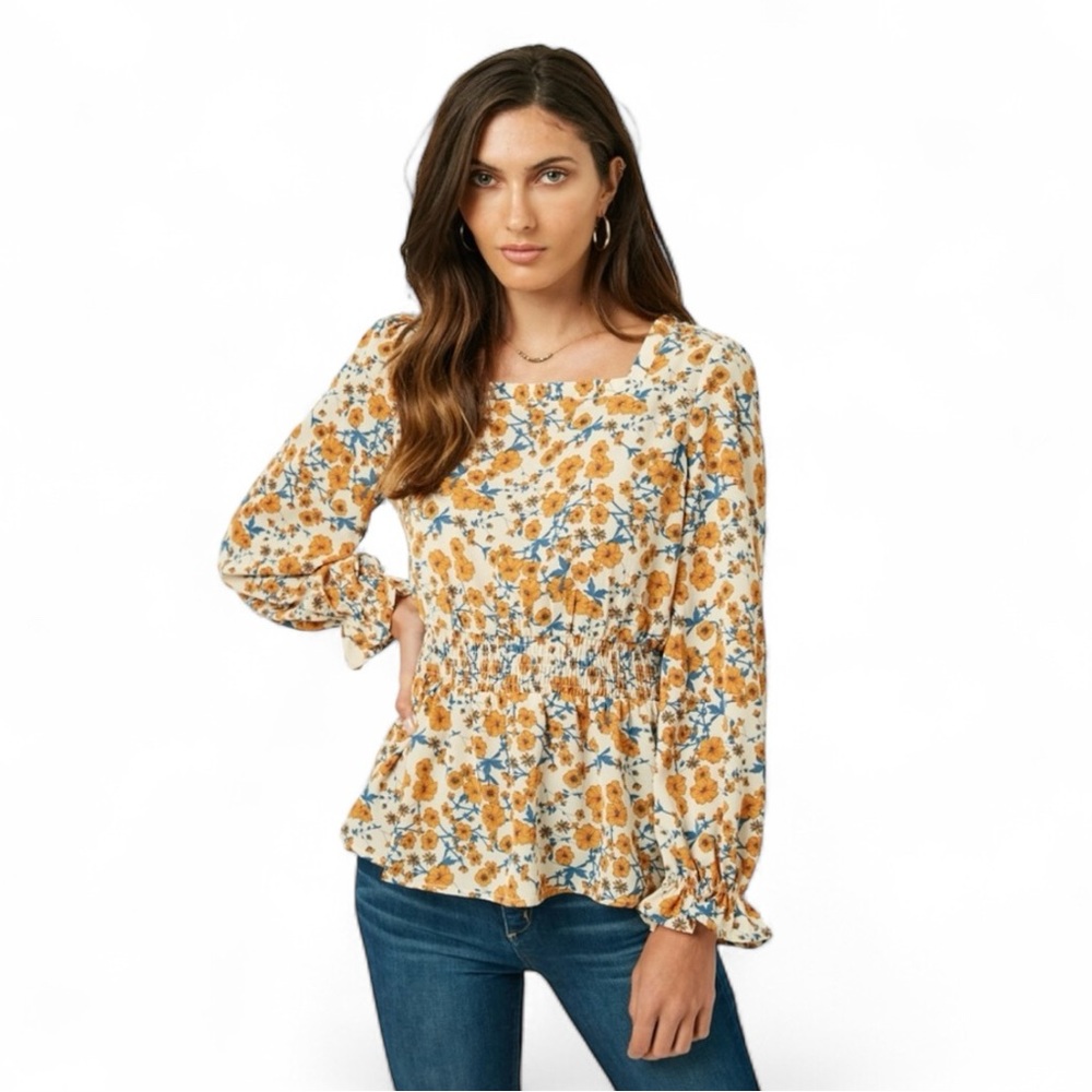 Like It Like That Floral Flared Hem Long Sleeve Top Women's Medium - Picture 2 of 14